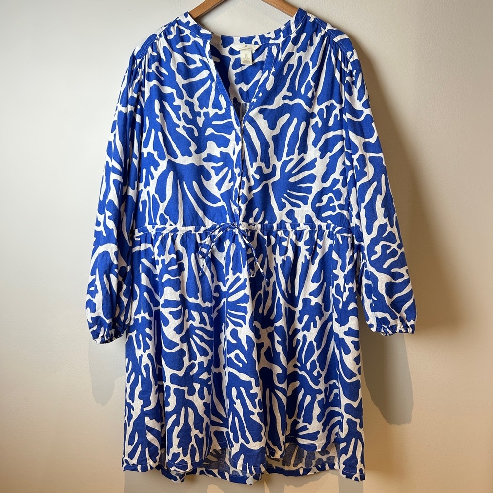 Blue and White Printed V-Neck Linen Smock Dress w/ Drawstring Waist Size Large